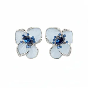 Exquisite light blue enamel flower stud earrings featuring dark blue crystals and silver post