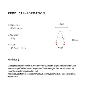 Detailed specifications for a beaded flower necklace with resin and glass materials.