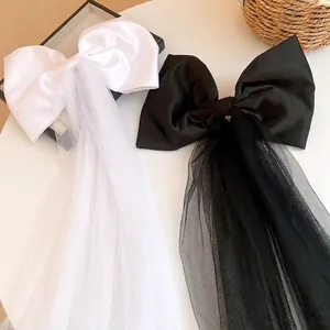 Elegant Satin Bow Hair Clip With Long Mesh Tassel For Women Sweet Solid Color Duckbill Clip Fashion Hair Accessories