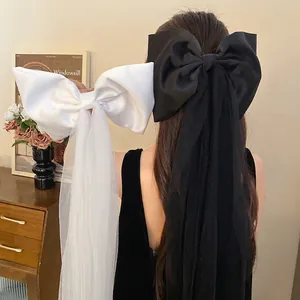 Elegant large satin bow hair clip with long flowing mesh ribbon for women hair accessories