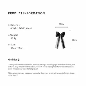 Detailed product info for a long black bowknot hair clip with mesh tassels and sizes.