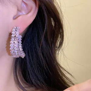 Primer plano de elegantes pendientes de circonita con forma de espiga de trigo.