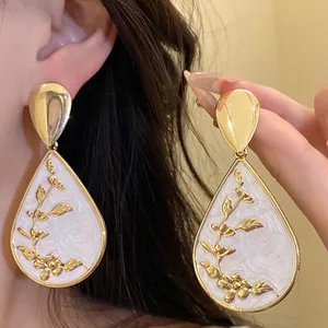New Chinese Style Retro Court Floral Waterdrop Pendant Earrings With Silver Earring Post Drip Enamel Gold White Jewelry For Women