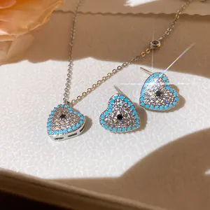 Vintage Heart Evil Eye Jewelry Copper Zirconia Necklace Earrings For Women Luxurious Palace Style Palace Jewelry