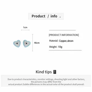 Detailed specification sheet for heart-shaped zircon earrings with copper material info.