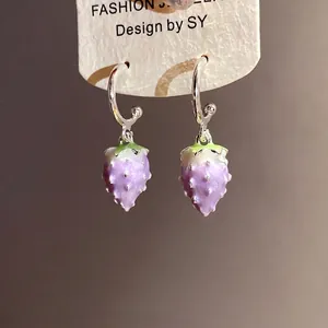 Silver needle lavender strawberry oil-drop pendant earrings with green leaf detail