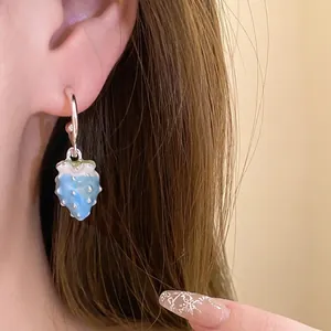 Elegant sweet blue enamel strawberry pendant drop earrings with silver needle for women