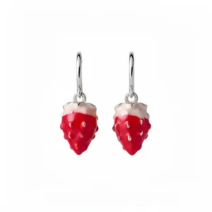 Elegant silver hoop earrings with vibrant red enamel strawberry charms and textured details