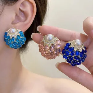 Pendientes de Botón Vintage Redondos con Diamantes de Imitación y Perla Artificial Poste de Plata Joyería Geométrica de Aleación para Mujer