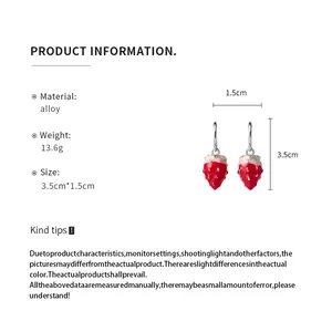 Detailed size and material information for red strawberry enamel drop earrings