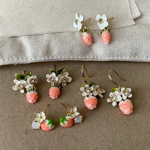 18K Gold Plated Silver Earring Post Rhinestone Flower Strawberry Stud Earrings Elegant Enamel Fruit Jewelry For Women Gift