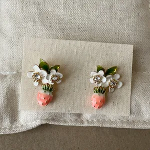 Exquisite 18k gold plated strawberry and flower stud earrings with crystal accents