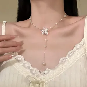 Korean Style Alloy Flower Pendant Necklace With Artificial Pearl Adjustable Rhinestone Lariat Chain Jewelry For Women