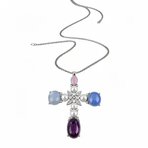 Elegant cross pendant necklace with pearls and colorful resin stones on white background