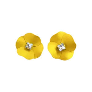 Elegant yellow flower stud earrings with a square sparkling rhinestone center piece