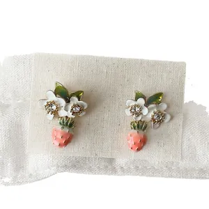 Elegant 18K gold plated strawberry and flower stud earrings with crystal details