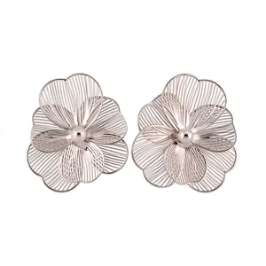 Elegant rose gold hollow flower stud earrings with central pearl accents for women