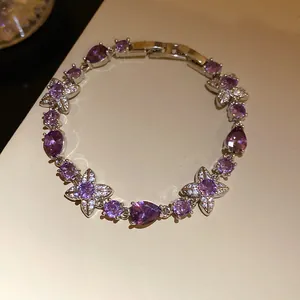 Bracelet élégant en zircon violet avec motifs fleurs et gouttes d'eau