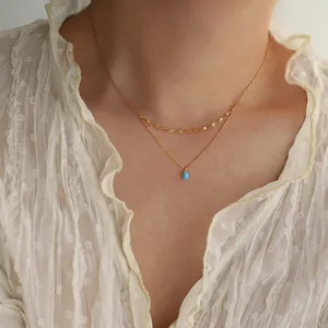 Double Layer Stainless Steel Necklace For Women Gold Plated Blue Water Drop Resin Pendant Tear Clavicle Chain Jewelry