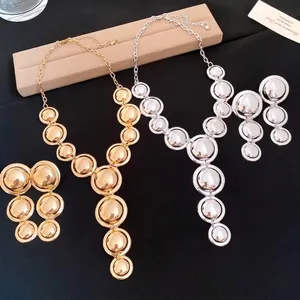 European American Vintage Smooth Round Metal Necklace And Earrings Light Luxury Minimalist Gold Silver Plated Jewelry For Women