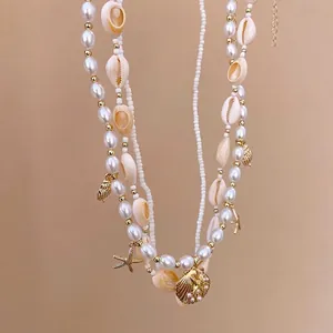 Bohemian style multi-layer pearl waist chain with natural shells and starfish charms