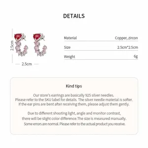 Detailed specs for heart-shaped zircon C-stud earrings with 925 silver needles