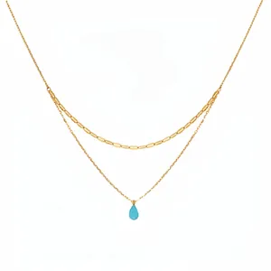 Elegant double-layered gold stainless steel necklace featuring a light blue teardrop pendant