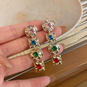 Vintage gold-tone geometric drop earrings with multi-colored crystals for women