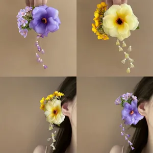 Women Summer Floral Hair Clip With Long Tassel Artificial Pearl Sweet Fairy Style Duckbill Hairpin Handmade Fabric Flower Accessories