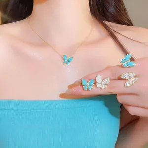 Niche Light Luxury Butterfly Pendant Necklace Asymmetric Stud Earrings Open Ring With Zirconia Resin Copper Silver Earring Post For Women Wedding Banquet Jewelry