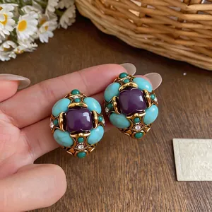 Eleganti orecchini a lobo vintage geometrici con pietre viola e turchesi per donna