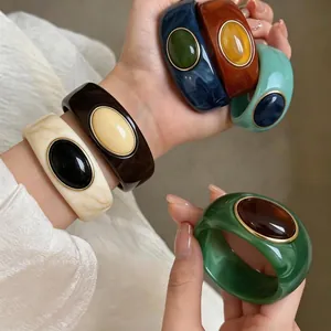 Vintage Acrylic Marble Pattern Wide Bangle For Women Retro Western Style Exaggerated Cuff Bracelet With Gold Alloy Border