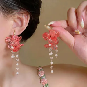 Niche Designer Flower Tassel Earrings Resin Petal Artificial Pearl Drop Earrings With 925 Sterling Silver Earring Post For Women Holiday