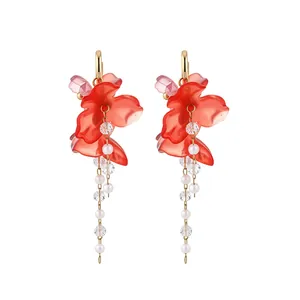 Exquisite fairy-style pink flower tassel drop earrings with white pearls and clear crystals