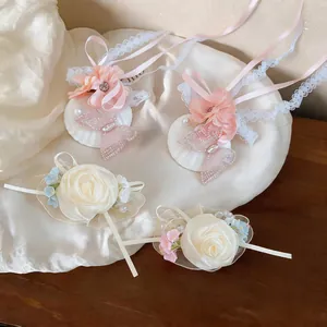 Elegant chiffon flower hair clips with ribbons and pearls in a French sweet style
