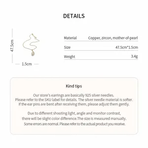 Product specifications for gold plated feather necklace with mother-of-pearl and zircon