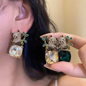 Vintage Alloy Panda Rhinestone Square Pendant Stud Earrings With Silver Earring Post For Women Elegant Gold Silver Plated Jewelry