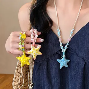 Handmade Ceramic Starfish Beaded Necklace Colorful Dopamine Beach Vacation Style Pendant Long Sweater Chain For Women Exquisite Jewelry