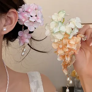 Sweet Fabric Flower Hair Clip with Artificial Pearl Tassel Resort Style Duckbill Clip Fashion Hair Accessories for Women