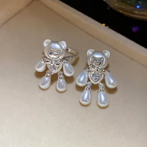 Modern Cute Bear Zirconia Artificial Pearl Open Ring And Ear Clip Elegant Silver Alloy Hand Jewelry Accessories For Women