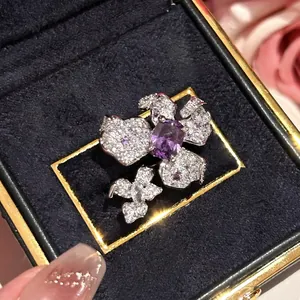 Flower Zirconia Open Ring Purple Stone Silver Plated Copper Palace Style Women Fashion Jewelry Finger Ring Gift