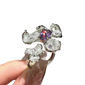 Elegant heavy industry purple zircon flower ring with adjustable silver open band