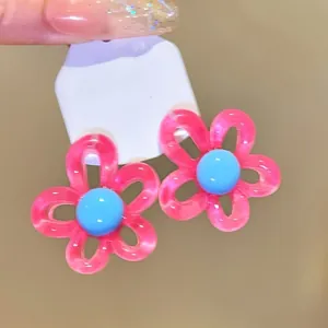Cute pink and blue resin flower stud earrings in Korean minimalist style for women