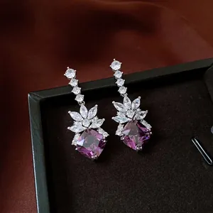 Vintage Copper Purple Rhombic Zirconia Stud Earrings For Women 925 Sterling Silver Post Marquise Zircon Fashion Jewelry