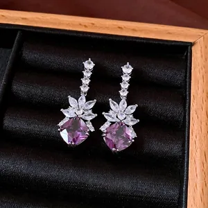 Vintage style silver needle drop earrings with luxury purple square zircon stones