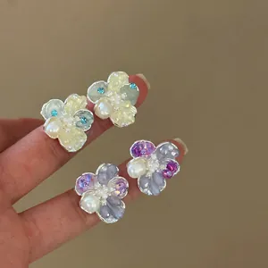 French Style Icy Crystal Flower Stud Earrings with Zirconia and Artificial Pearl Silver Post Elegant Jewelry for Women
