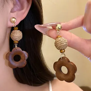 Elegant boho vintage raffia and wood flower drop earrings with S925 silver needles for women