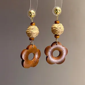 Handmade ethnic style raffia and wood flower pendant earrings for women jewelry retro