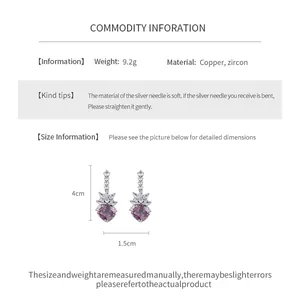 Detailed product specifications for purple zircon drop earrings with dimensions