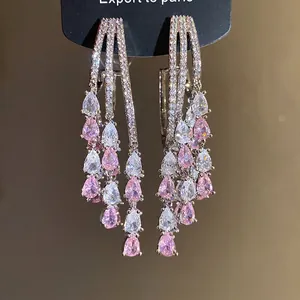 Elegant 18k gold plated waterdrop tassel earrings with pink and white cubic zirconia